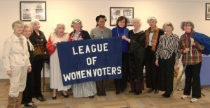 Shown left to right: Barbara O'Brien as Amelia Earhart; Fran Davis as Susan B. Anthony; Nancy Wallace as Elizabeth Cady Stanton; Irma Leeds as Abigail Adams; Barbara McCann as Molly Pitcher; Toni Zimmer, President of LWVNJ, as Rosa Parks; Joyce Luhrs, co Vice-President LWVNV; Lucy Heller as Sandra Day O’Connor; Barbara King as Nancy Pelosi; Sophie Heymann as Emma Lazarus; and Maureen Field as Emma Gatewood, the first woman to hike the entire Appalachian Trail.